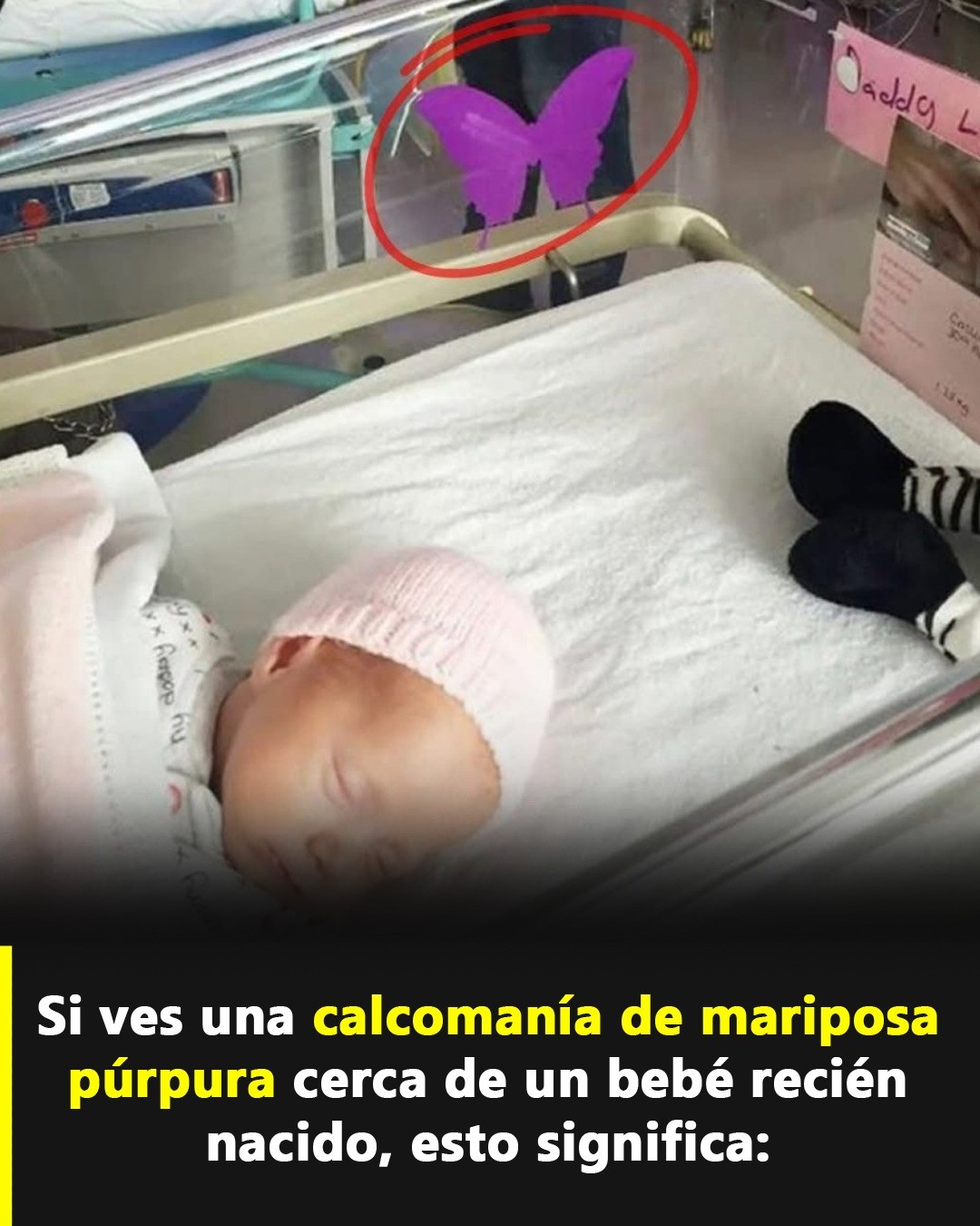 Bebé recién nacido con calcomanía de mariposa púrpura