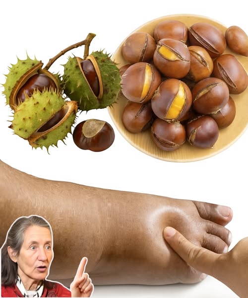 Castañas y una mano presionando una pierna hinchada