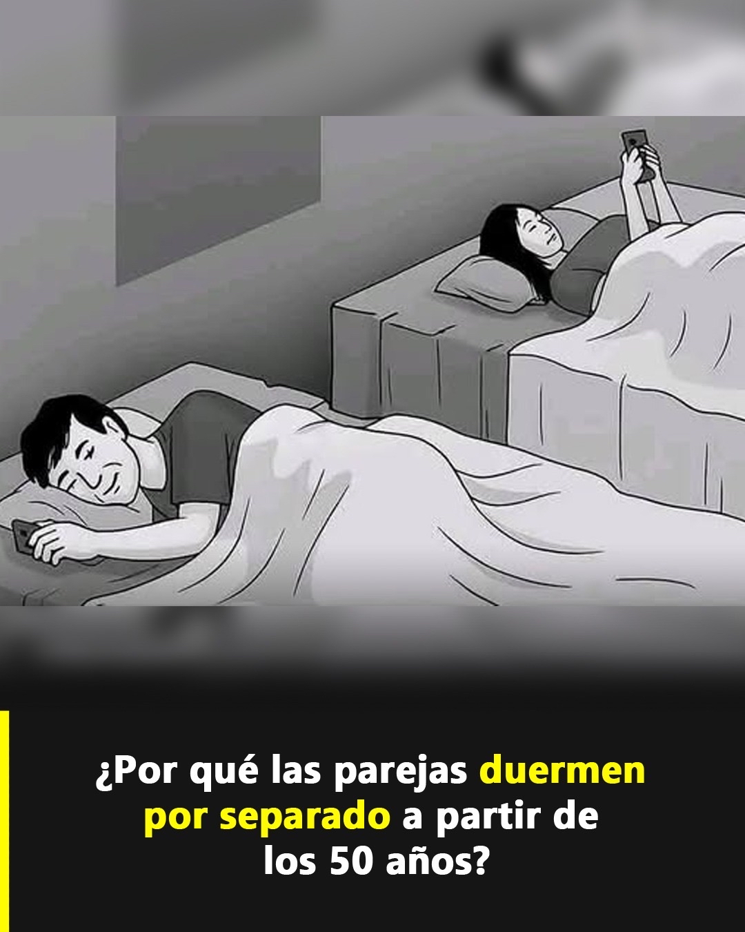 Pareja durmiendo por separado usando sus teléfonos